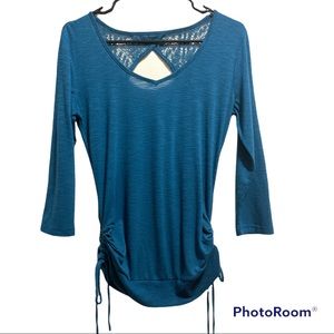 No Boundaries Teal 3/4 Sleeve Top Lace Scrunch Tie Sides Women's Size Medium